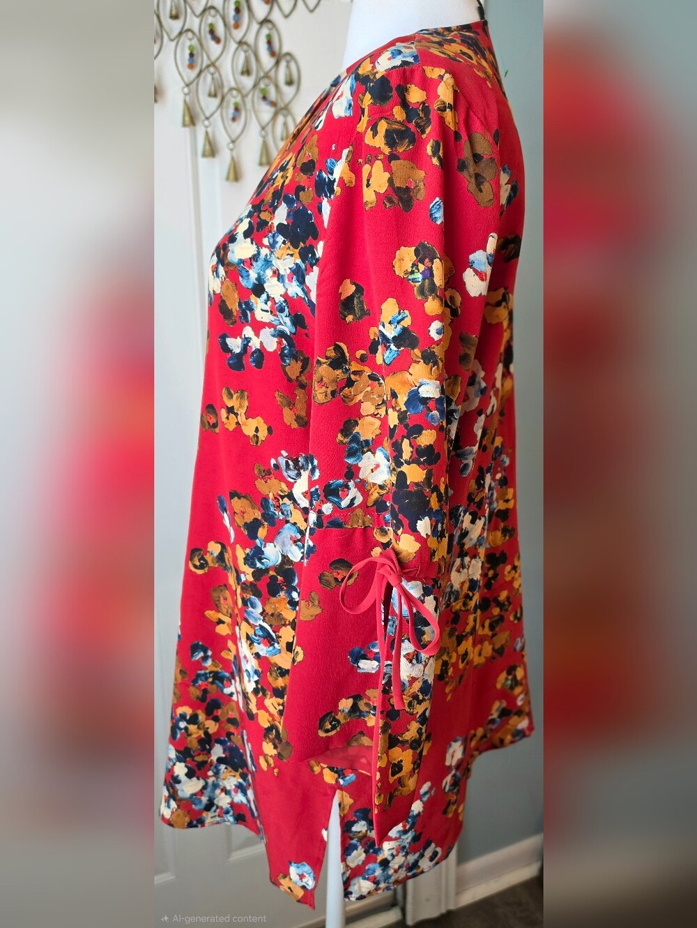 Lafayette 148 New York Sela Floral Print Silk Blouse Womens S Red 3/4 Bell Sleev - Picture 3 of 12